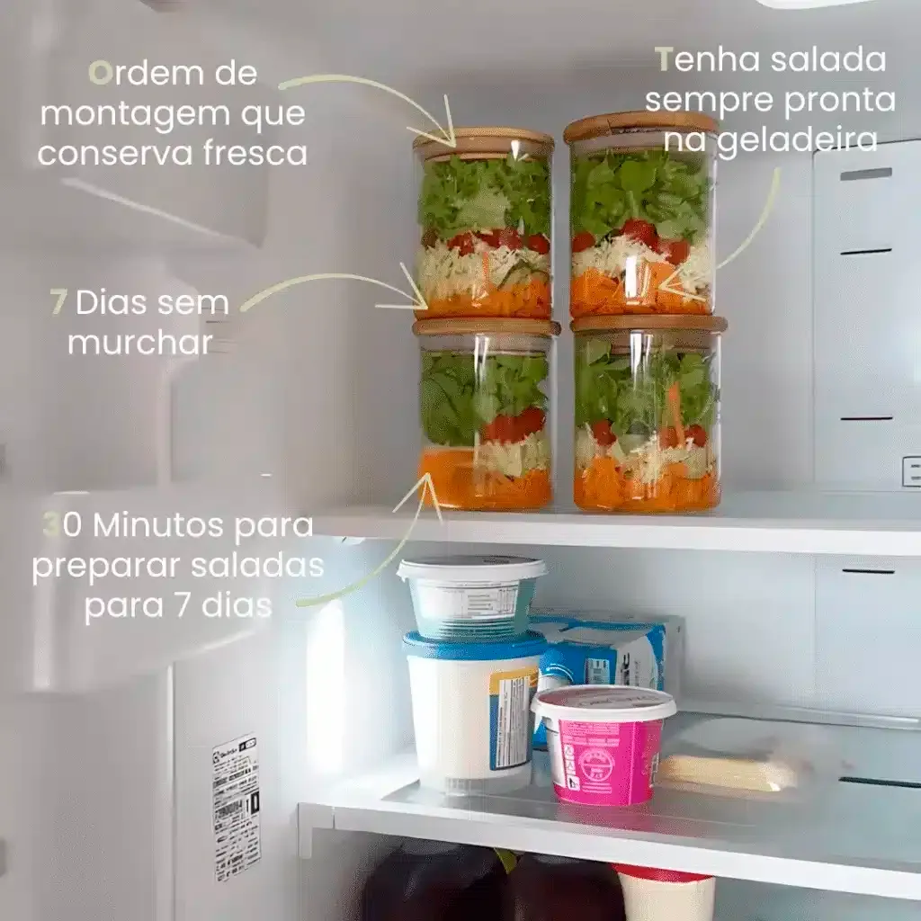 Saladas de pote organizadas na geladeira